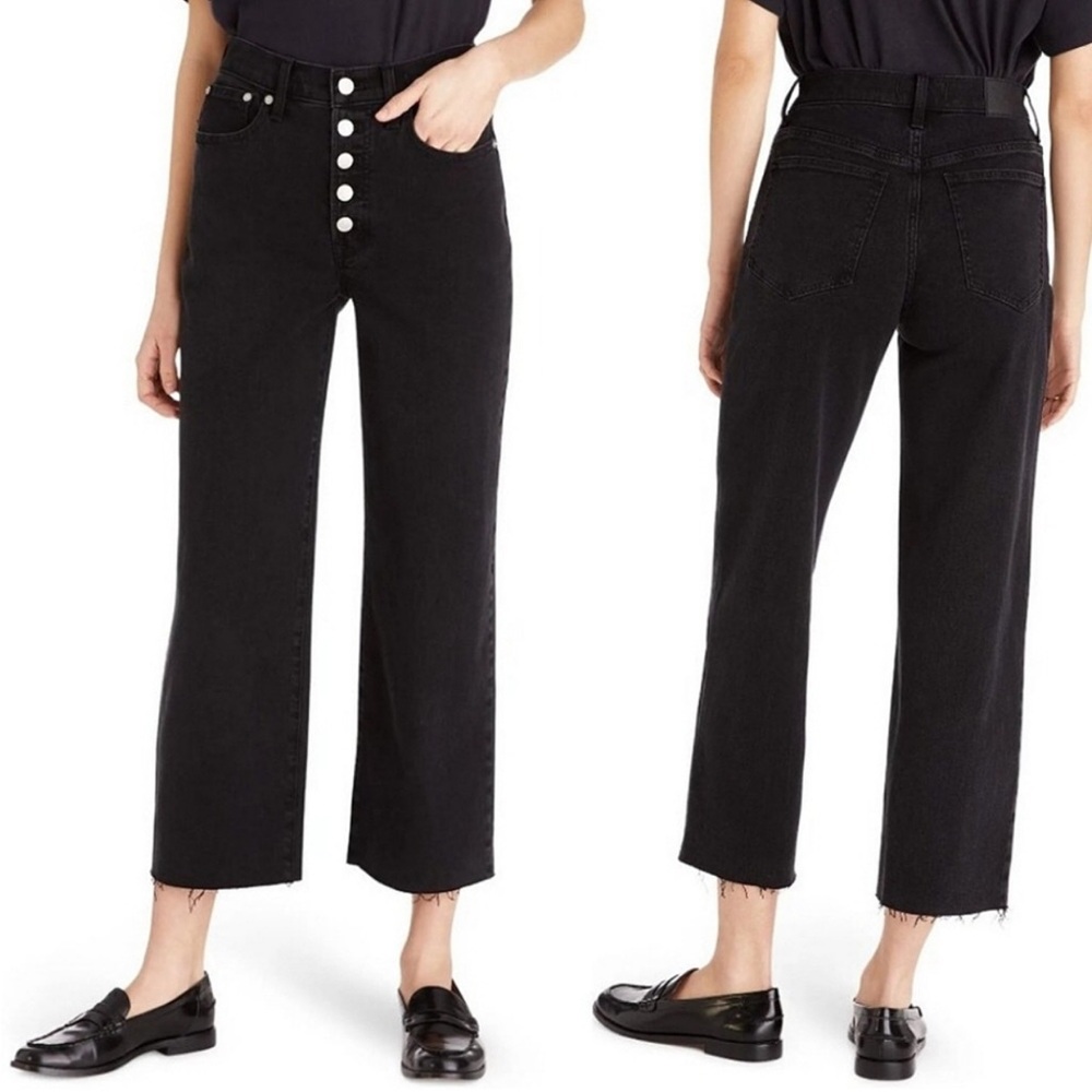 Madewell Perfect Vintage Wide Leg Crop Jean Sz 28 Black Exposed Buttonfly Casual - Picture 2 of 8
